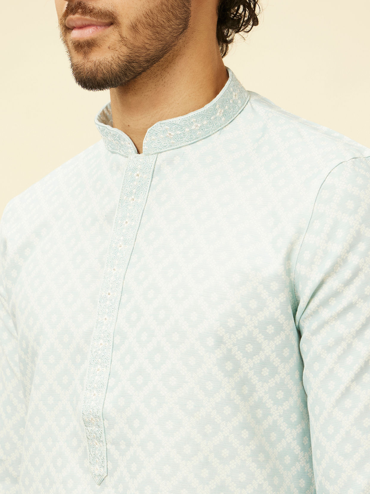 alt message - Manyavar Men Aquamarine Blue Grid Patterned Kurta Set image number 1